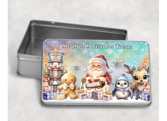Personalised Christmas Treats Tin  – Santa, Nutcracker & Festive Friends scene