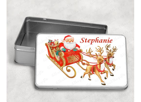 Personalised Santa Sleigh with Reindeer Tin – Christmas Reindeer & Gifts
