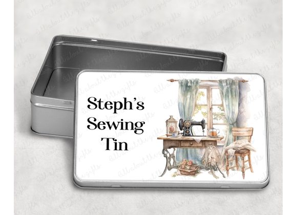 Personalised Sewing Tin 18.4x11.4x5.5cm – Vintage Sewing Machine Design