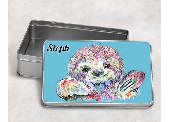 Personalised Multicoloured Sloth design tin with a Choice of Background Colours