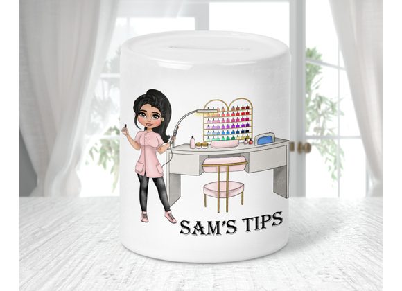 Personalised Nail Tech Tip Jar – Ceramic Salon Tip Box with Nail Technician Character