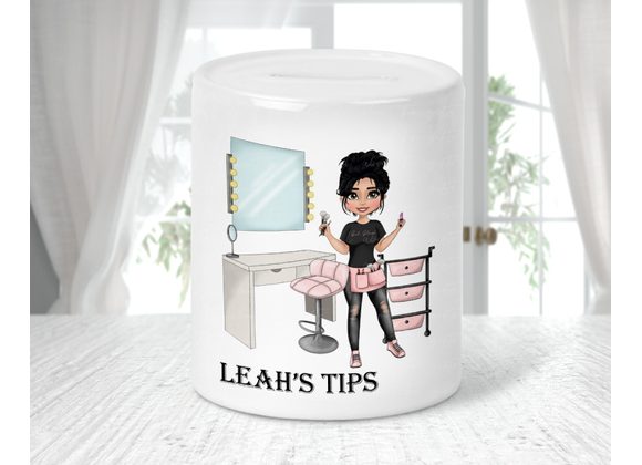 Personalised Beautician Tip Jar – Ceramic Salon Tip Box with Character Design