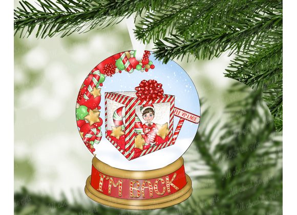 Elf Arrival “I’m Back” Snow Globe Ornament – 100mm x 78mm MDF Decoration (Gloss or Glitter)