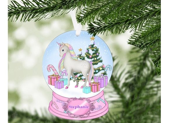 Personalised Pastel Unicorn Snow Globe Ornament –  MDF Christmas Decoration 