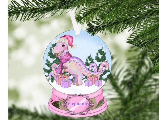 Personalised Pink Dino Christmas Ornament – 100mm MDF Snow Globe 