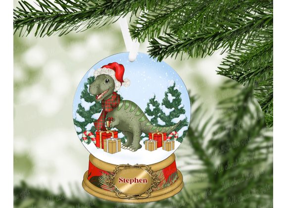 Personalised Red Dino Christmas Ornament – 100mm MDF Snow Globe