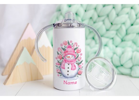Kids Personalised Christmas Sippy Cups | 4 Snowman Designs | Double Walled 12oz Toddler Cup