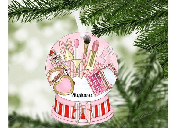 Personalised Candy Cane Glam Ornament – 100mm MDF Snow Globe for Makeup Lovers 