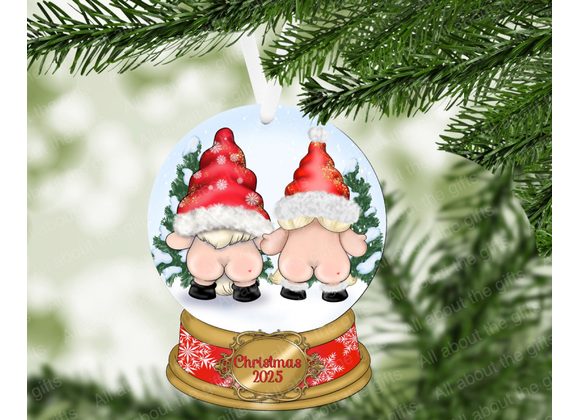 Cheeky Bum Gnome Ornament – Funny 100mm MDF Christmas Snow Globe 2025