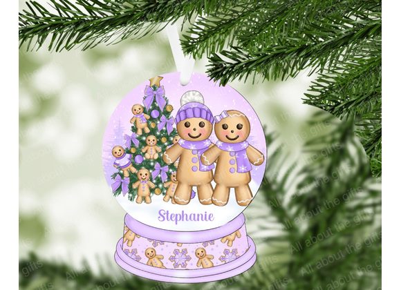 Lilac Gingerbread Couple Ornament – 100mm MDF Snow Globe (Gloss or Glitter Finish)