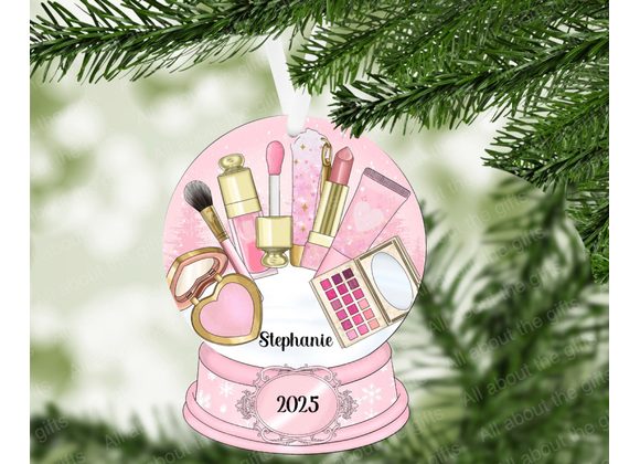 Personalised Pink Makeup Ornament – MDF Snow Globe (Gloss or Glitter Finish)