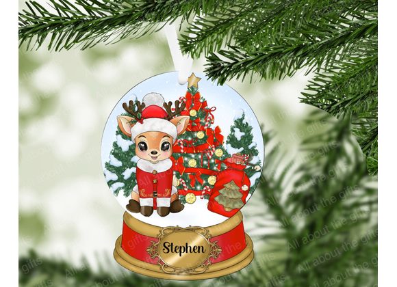 Personalised Reindeer Ornament –  MDF Snow Globe (Gloss or Glitter Finish)
