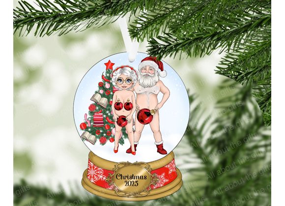 Funny Santa & Mrs Claus Ornament –  MDF Snow Globe (Gloss or Glitter Finish)