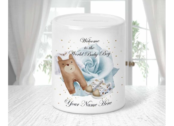 Personalised Welcome to the World Money Box, Baby Boy or Baby girl Design, New Baby Keepsake