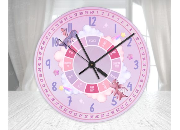 Magical Dragon Learning Clock – Pink Pastel Glass Wall Clock (20cm & 30cm)