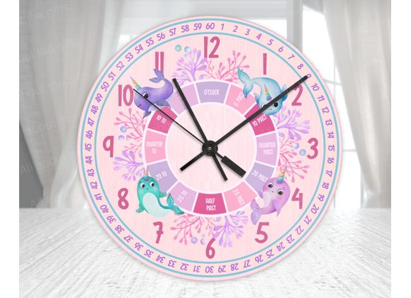 Magical Narwhal Learning Clock – Pink Glass Wall Clock (20cm & 30cm)