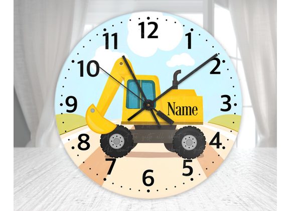 Personalised Digger Glass Wall Clock – Construction Vehicle Bedroom Clock (20cm & 30cm)
