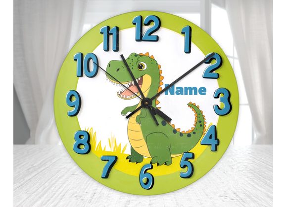 Personalised Dinosaur Glass Wall Clock – Kids Bedroom Dino Clock (20cm & 30cm)