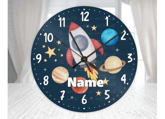Personalised Space Glass Wall Clock – Rocket & Planets Kids Bedroom Clock (20cm & 30cm)