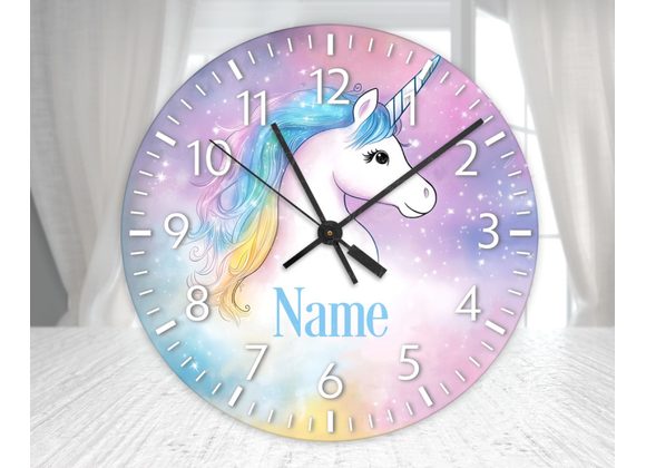 Personalised Unicorn Glass Wall Clock – Magical Kids Bedroom Clock (20cm & 30cm)