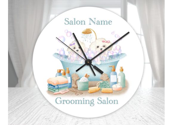Personalised Dog Grooming Salon Glass Wall Clock – Bath Time Puppies Design (20cm & 30cm)