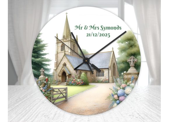 Personalised Wedding Church Glass Wall Clock – Custom Couple & Date Keepsake (20cm & 30cm)