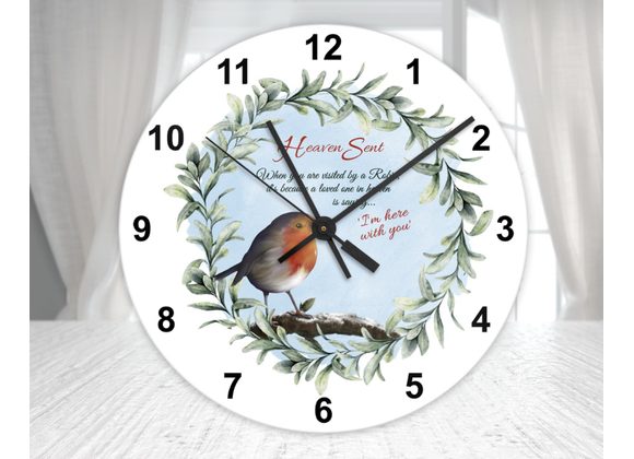 Heaven Sent Robin Memorial Glass Wall Clock – Bereavement Keepsake Gift (20cm & 30cm)