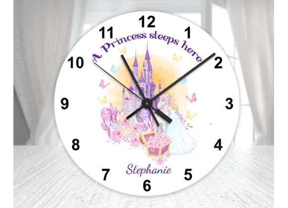 Personalised Princess Glass Wall Clock – “A Princess Sleeps Here” Bedroom Decor (20cm & 30cm)