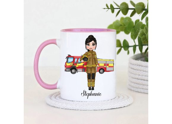 Personalised Female Firefighter Mug – Custom Name Fire Service Gift – Cute Fire Engine Illustration Tea or Coffee Cup