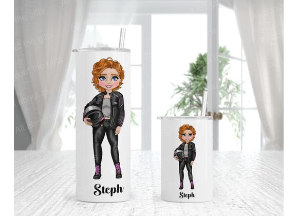 Personalised Female Biker Tumbler – Custom Name Motorbike Rider Gift – Stainless Steel Insulated Cup