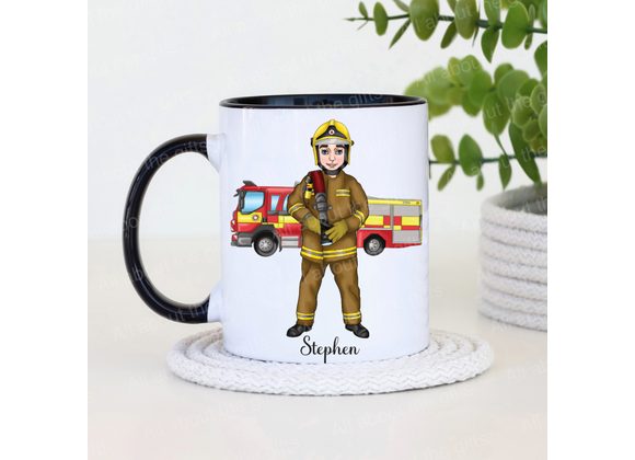 Personalised Male Firefighter Mug – Fire Service Gift – Fire Engine and firefighter Design mug