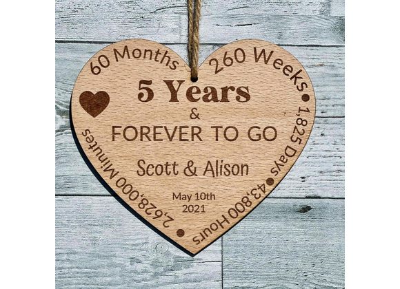 Personalised 5 Year Anniversary Wooden Heart Plaque