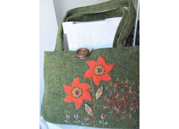 Harris Tweed Moss Green Handbag with Orange Flowers
