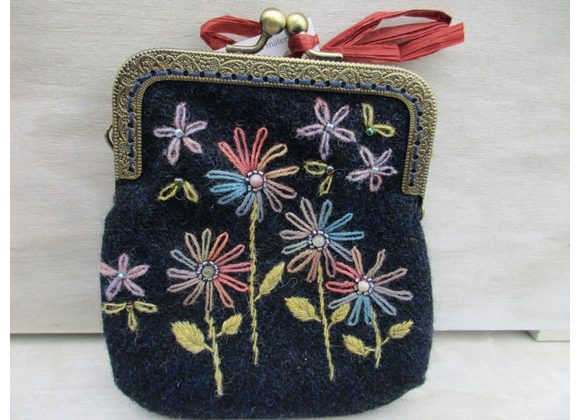 Navy with Stitched Floral Medium Purse