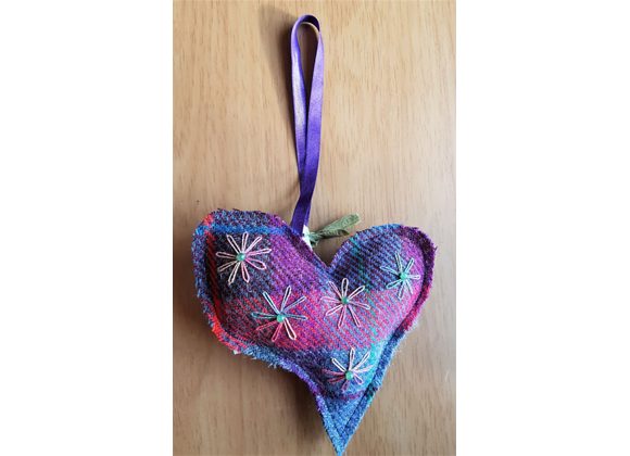 Hearts in Harris Tweed - Pink/purple embroidered