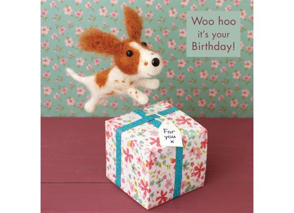 Dog leaping over Present - Woo hoo it's your Birthday!