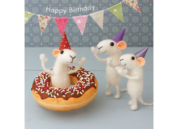 Happy Birthday - Mice with Bunting and Doughnut