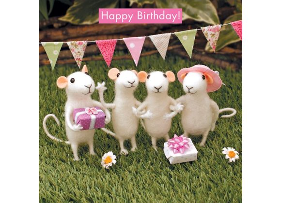 Happy Birthday - Mice with presents in the garden