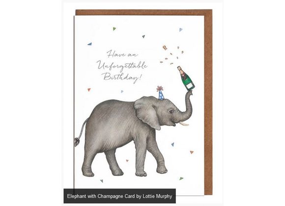 Elephant with Champagne Card by Lottie Murphy