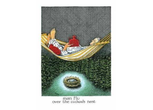 Simon Drew Card - Man flu over the cuckoo's nest