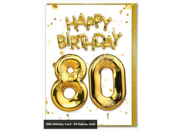 80th Birthday Card - 80 Balloon Gold / White