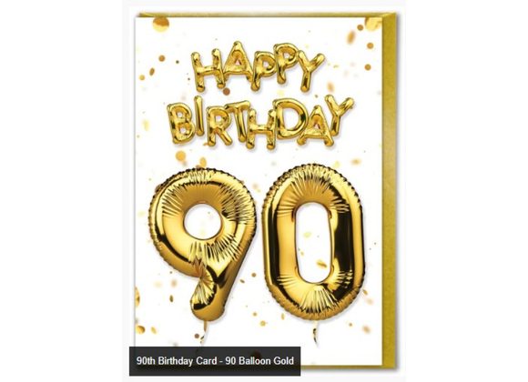 90th Birthday Card - 90 Balloon Gold