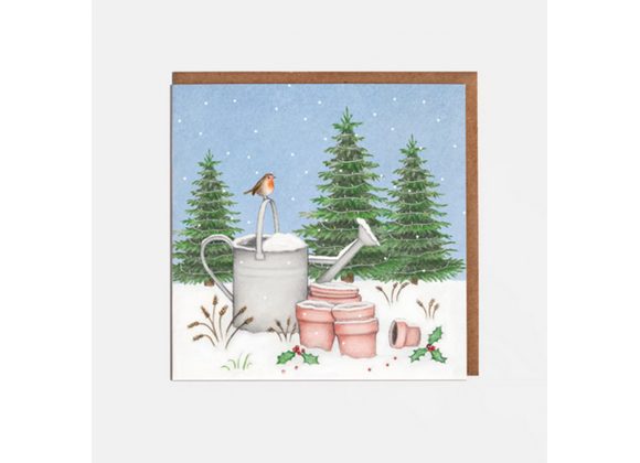 Watering Can & Robin Christmas Card by Lottie Murphy