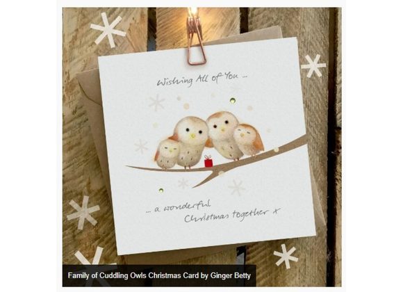 Family of Cuddling Owls Christmas Card by Ginger Betty