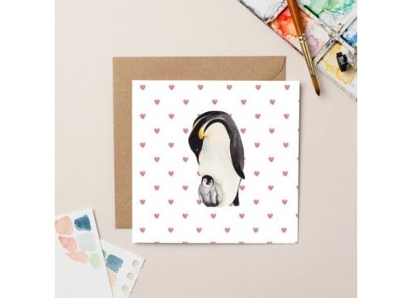 Baby Penguin with Parent -  card by lil wabbit