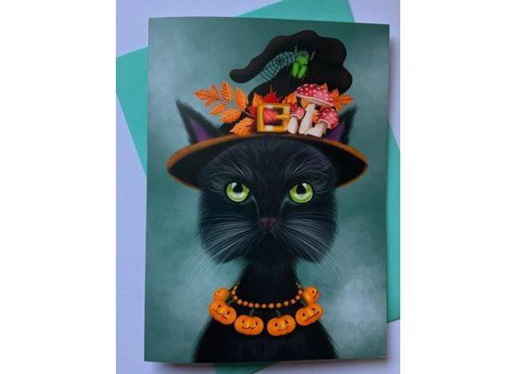 Grimalkin - Black Witch Cat Greetings Card by Crimson Finch