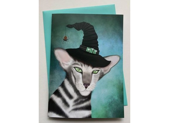 Wizardy Puss - Magical Witch Cat Greetings Card by Crimson Finch