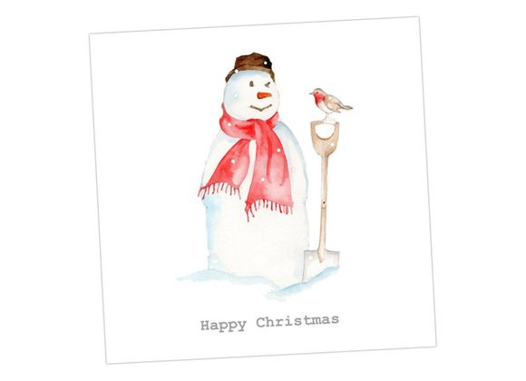 Snowman with a robin on spade - Christmas Card by Crumble & Core