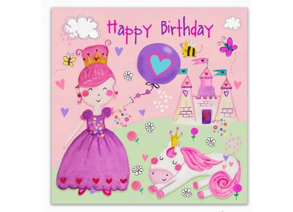 Princess with Balloon & Unicorn -Happy Birthday Card