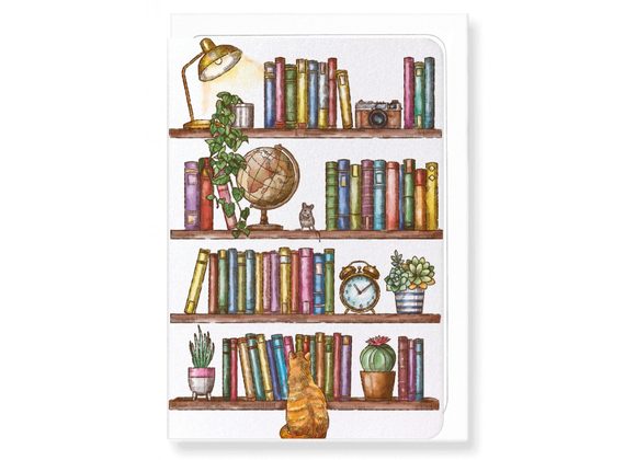 Bookshelf with Cat and Mouse, Card by Ezen Designs